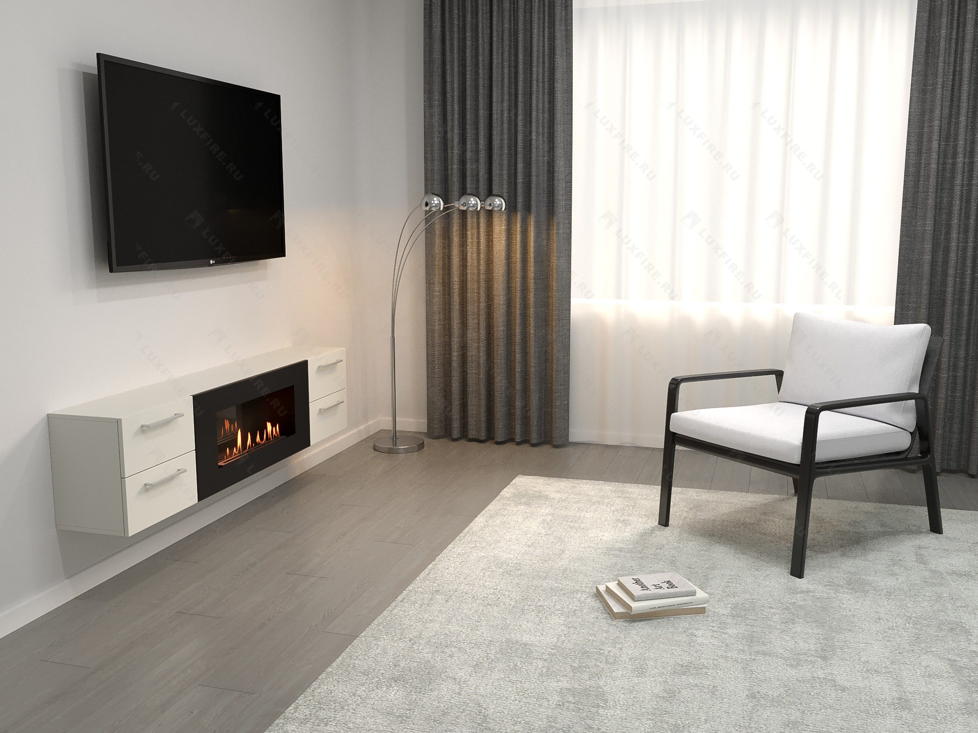 Тумба ТВ Lux Fire "Нева" настенная 1400 матовая, белая, с биокамином 600 по цене 83 409 руб.